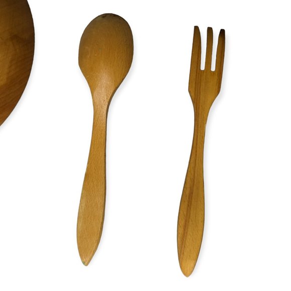 Vintage Wooden Footed Bowl with Matching Utensils - Picture 5 of 9